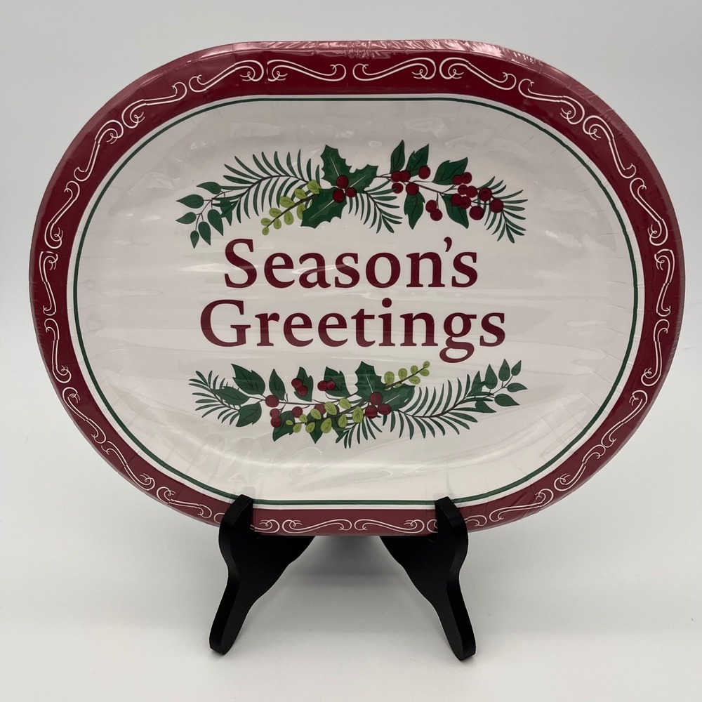 Seasons Greetings Christmas Paper Platters Oval Holiday Plates 12x10 Set of 8
